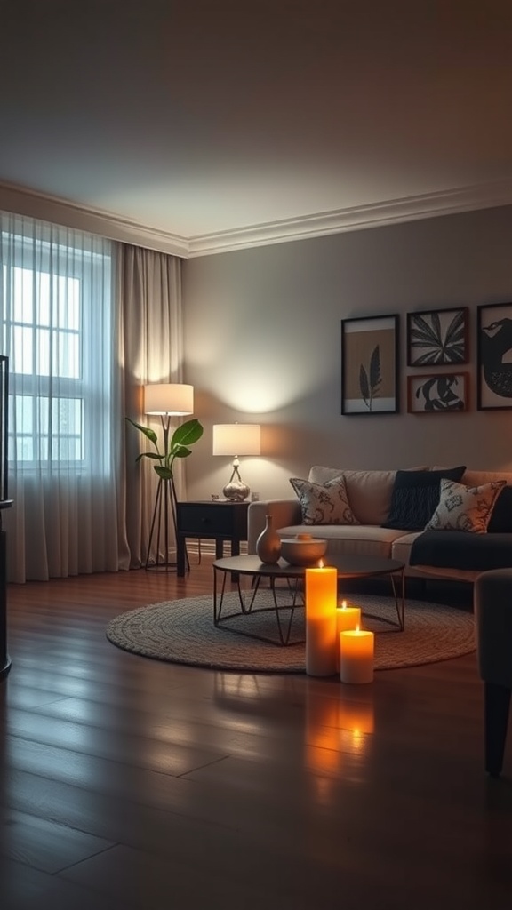 Cozy living room with soft lighting from lamps and candles.