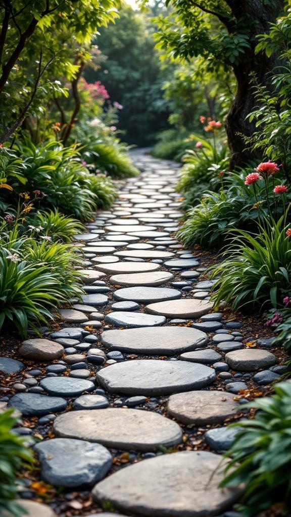 A beautiful stone pathway lined with greenery and flowers in a garden.