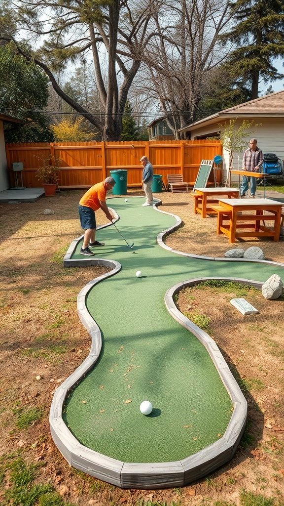 A backyard mini golf course with players enjoying the game.