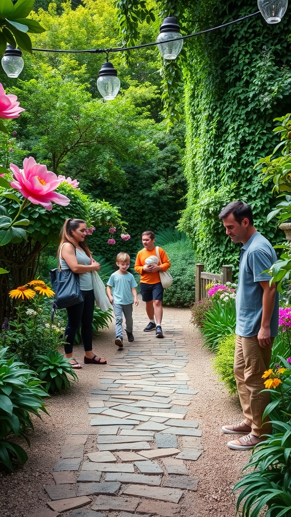 A family enjoying a backyard scavenger hunt in a lush garden with colorful flowers.