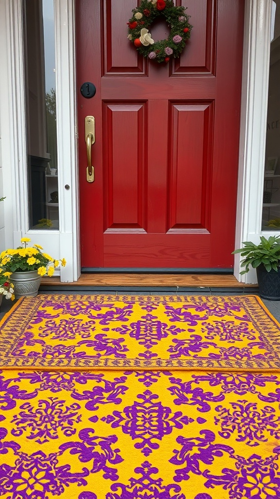 A colorful purple and yellow welcome mat in front of a red door.