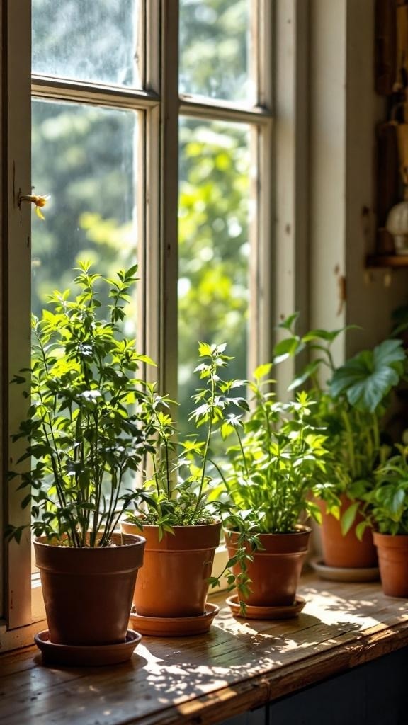 A sunny windowsill with potted herbs in terracotta pots, framed by an old window.