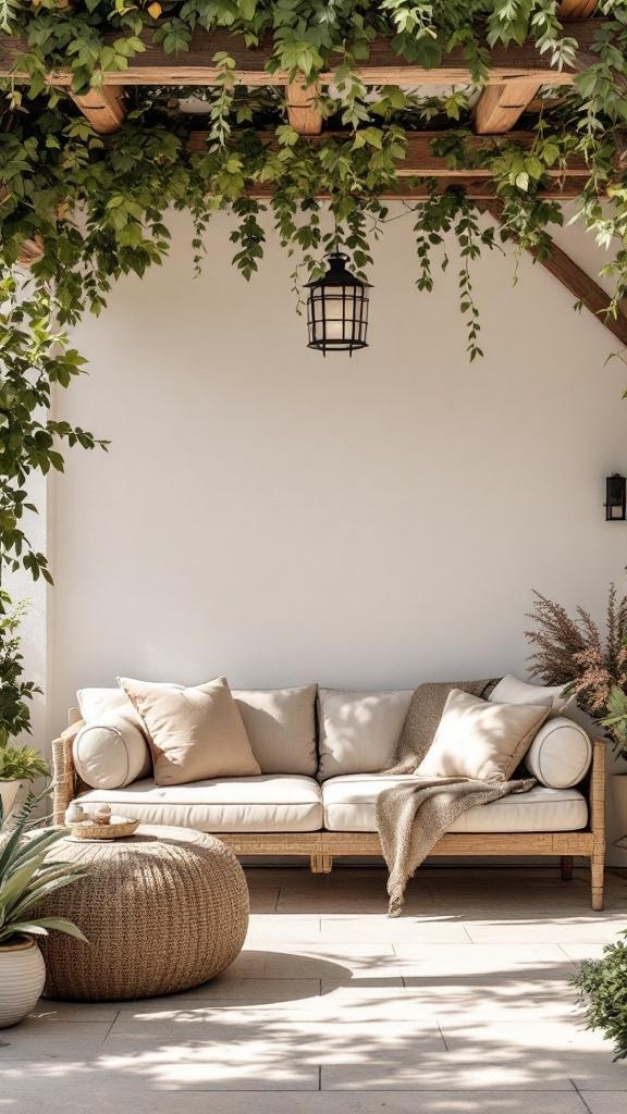 A cozy pergola retreat with a sofa, pouf, and greenery overhead.