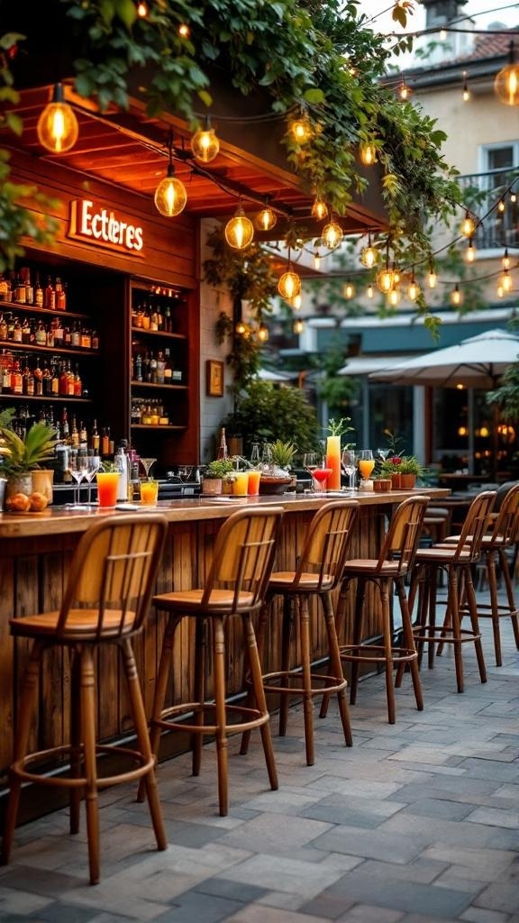 Chic outdoor bar area with wooden bar, colorful drinks, and string lights