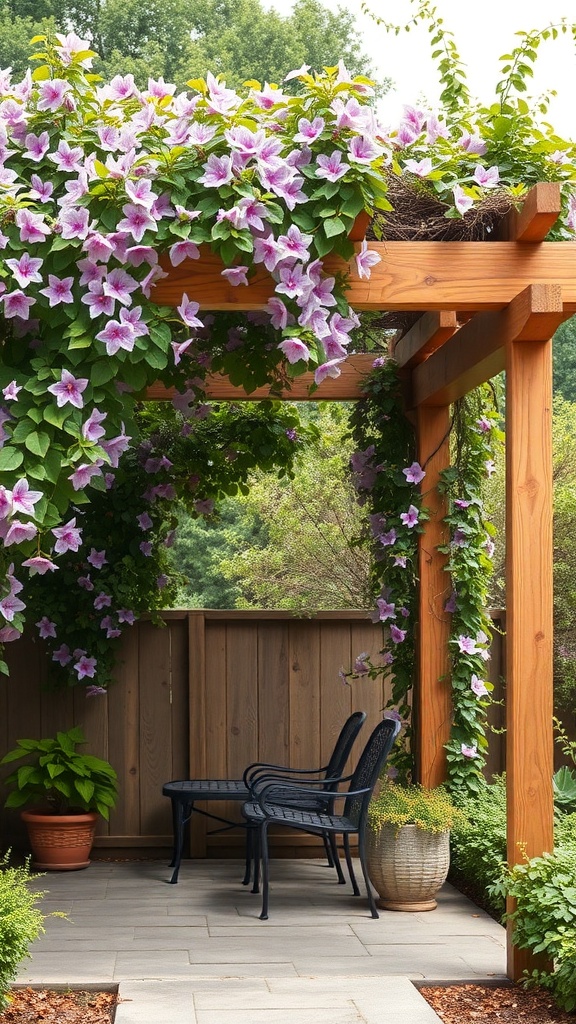 A beautiful pergola covered with pink clematis flowers, featuring two black chairs and a potted plant.