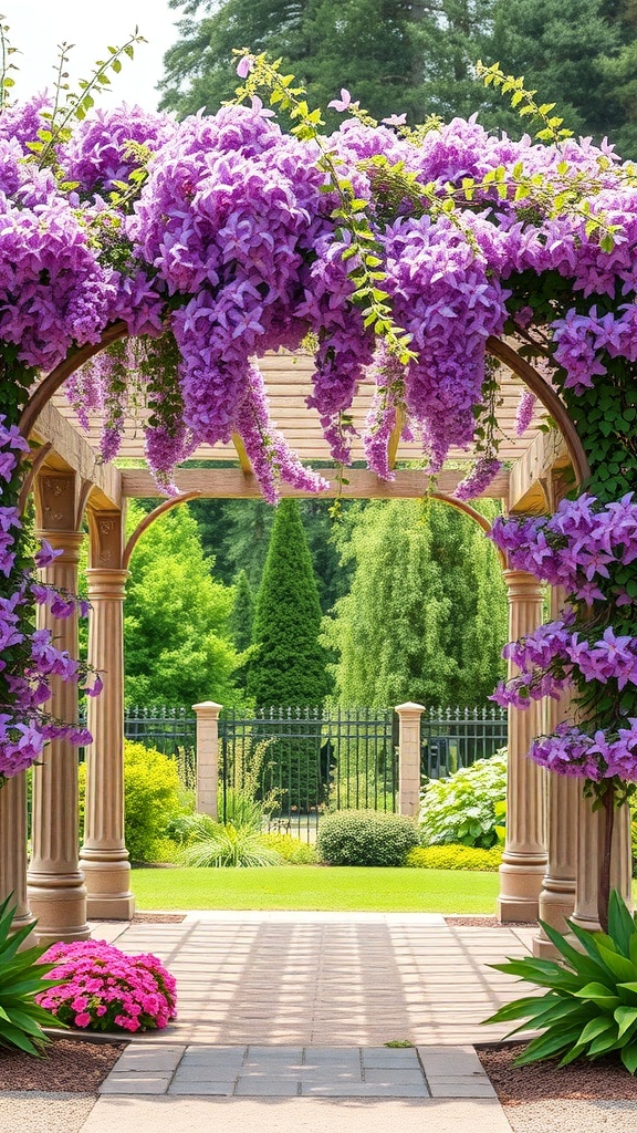 A beautiful pergola covered with purple clematis flowers, surrounded by greenery and colorful flowers.