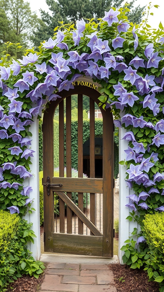 A wooden garden gate surrounded by blooming purple clematis flowers.