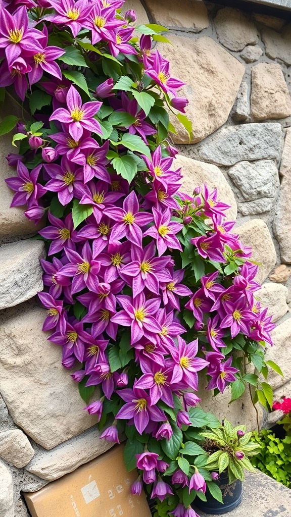 Clematis flowers climbing on a stone wall