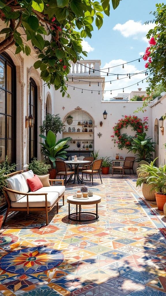 A vibrant patio with colorful tiles, plants, and outdoor furniture.