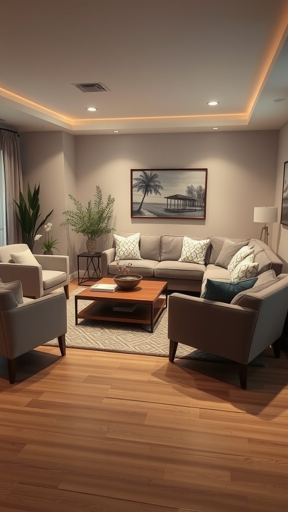 A cozy living room with comfortable seating and warm lighting.