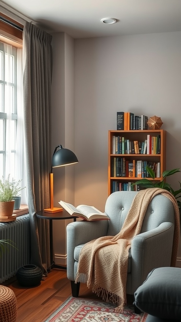 Cozy reading nook with a chair, blanket, lamp, and bookshelf.