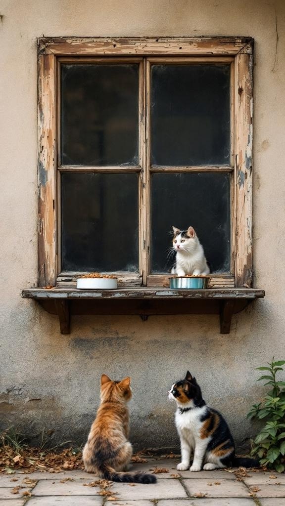 A vintage window serving as a pet feeding station with two cats looking up at another cat eating from a bowl.