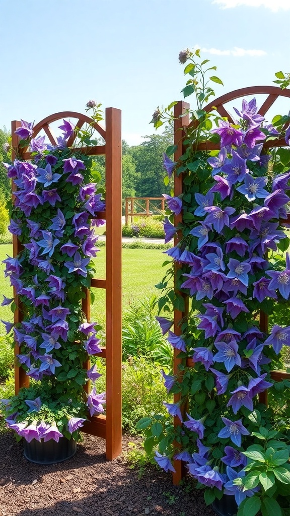 Two decorative trellis panels adorned with blooming purple clematis flowers in a garden setting.