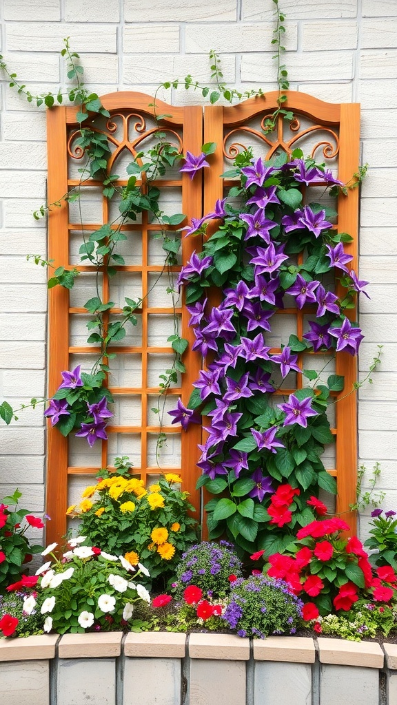 Decorative trellis panels adorned with purple clematis flowers and colorful flower bed.