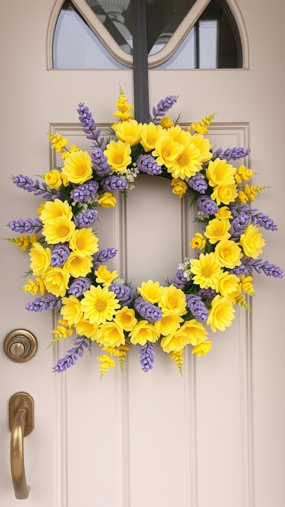 A vibrant yellow and purple floral wreath hanging on a front door.