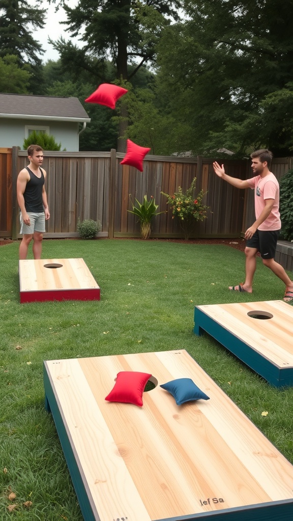 Two players participating in a cornhole game in a backyard, tossing bean bags towards cornhole boards.
