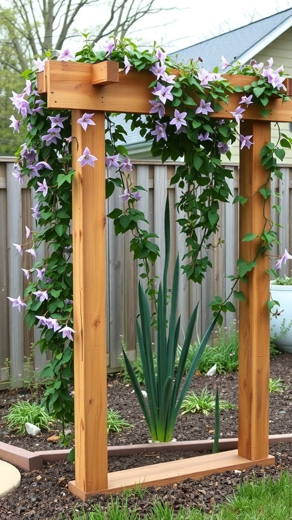 A wooden pallet trellis adorned with blooming clematis flowers.