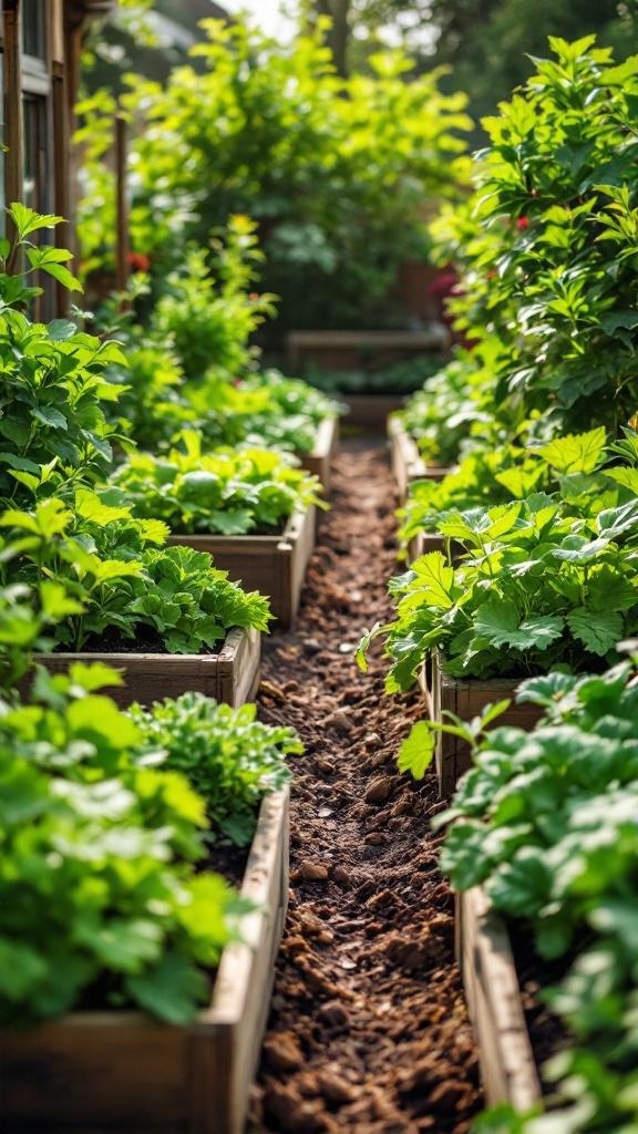 A vibrant garden with raised beds filled with green plants and a path in between.