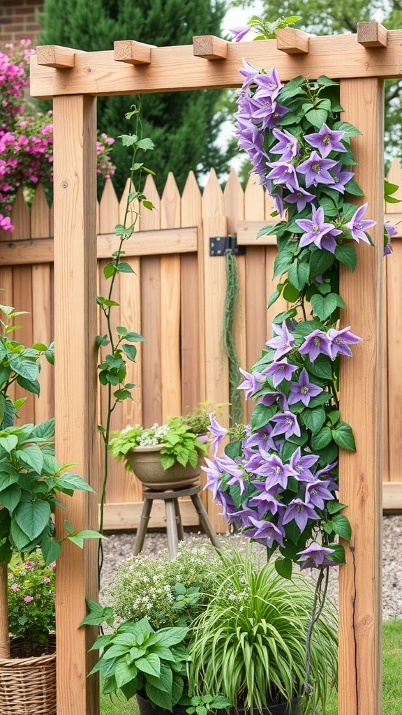 A DIY trellis made from reclaimed wood, adorned with blooming purple clematis.