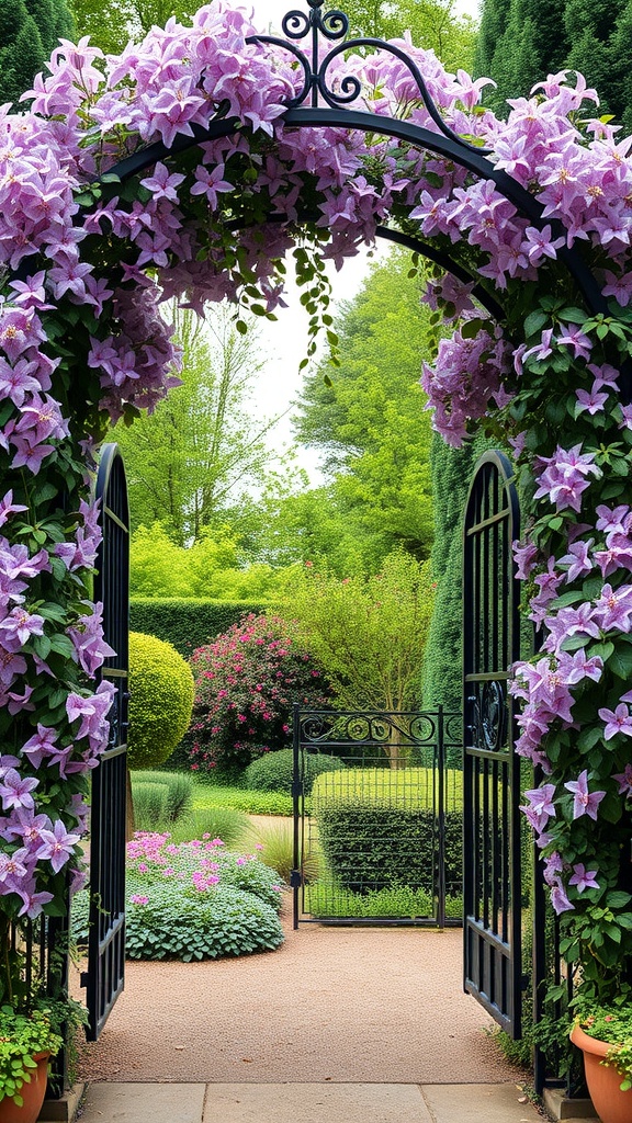 A metal archway covered in purple clematis flowers, leading into a lush garden.