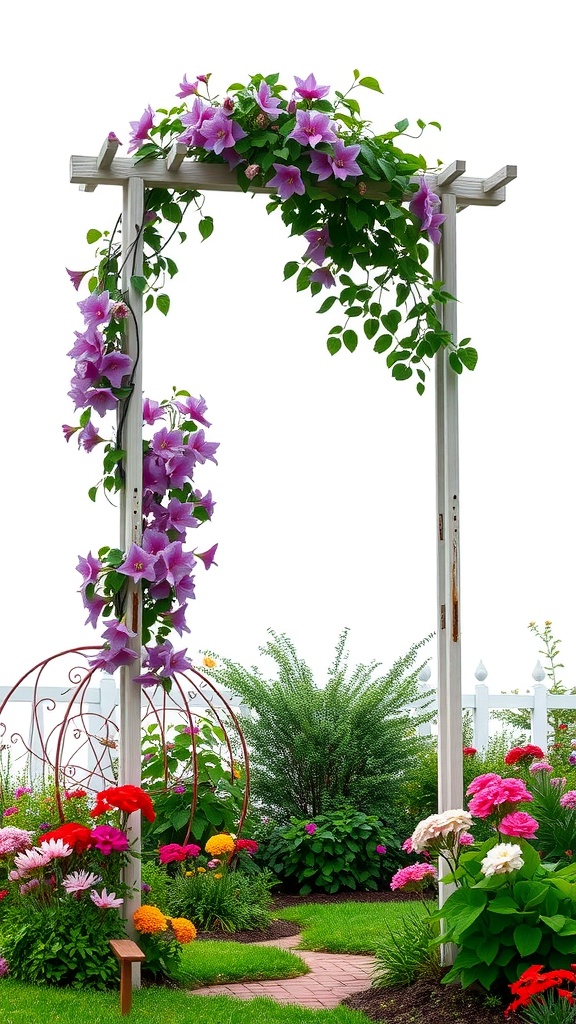 Freestanding trellis adorned with purple clematis flowers in a colorful garden.
