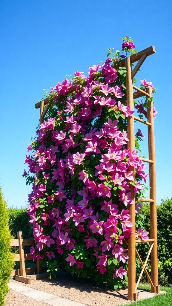 Freestanding wooden trellis covered with vibrant pink clematis flowers against a clear blue sky.