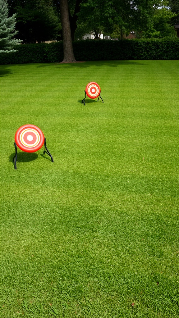 A backyard with two frisbee golf targets on a green lawn.