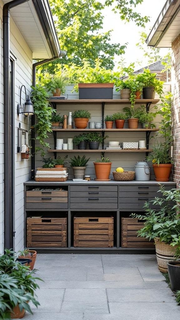 A functional backyard storage solution with shelves filled with plants and wooden storage boxes.