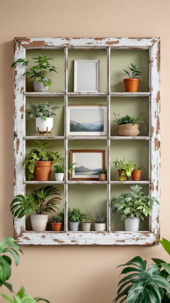 A decorative shelf made from an old window, featuring various plants and framed pictures.