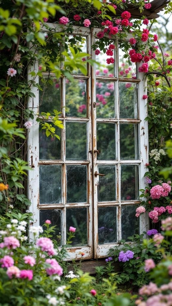 Old windows used as a garden trellis surrounded by colorful flowers.