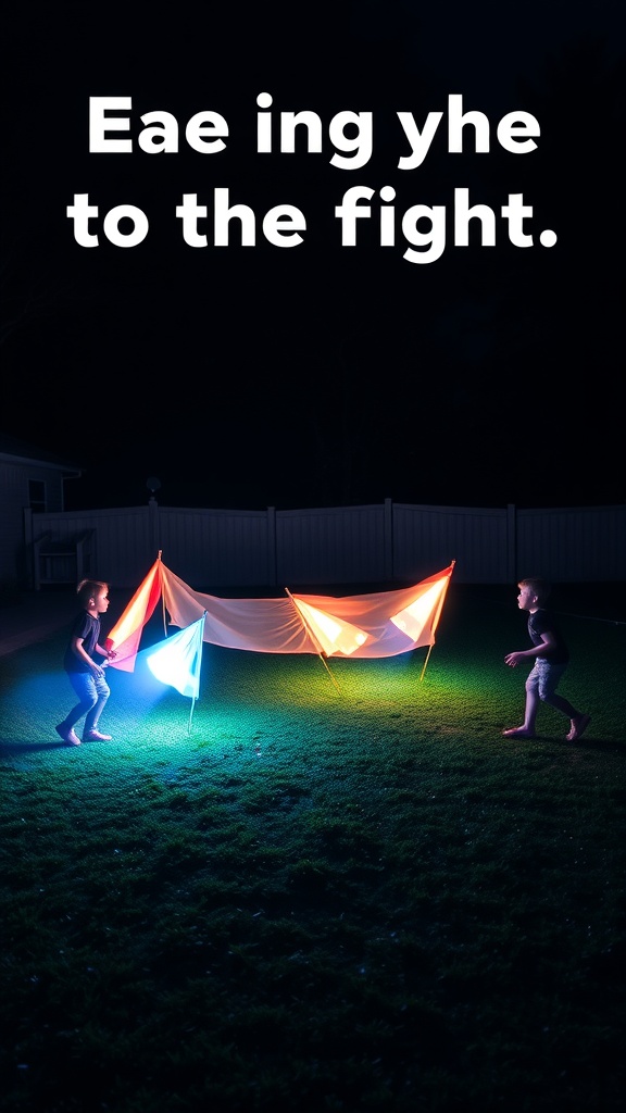 Two kids playing Glow-in-the-Dark Capture the Flag in a backyard at night.