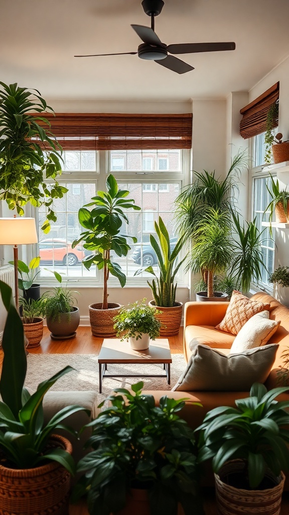 Cozy living room filled with various indoor plants and a comfortable sofa.