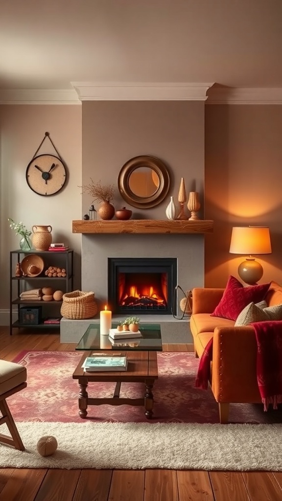 Cozy living room with warm color palette, featuring a fireplace and comfortable seating.