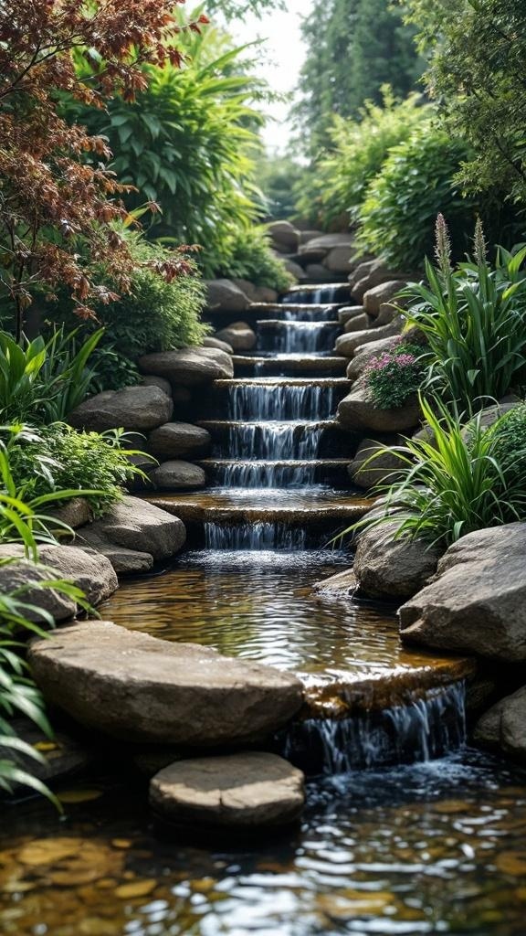 A serene backyard water feature with a cascading waterfall over rocks, surrounded by lush greenery.