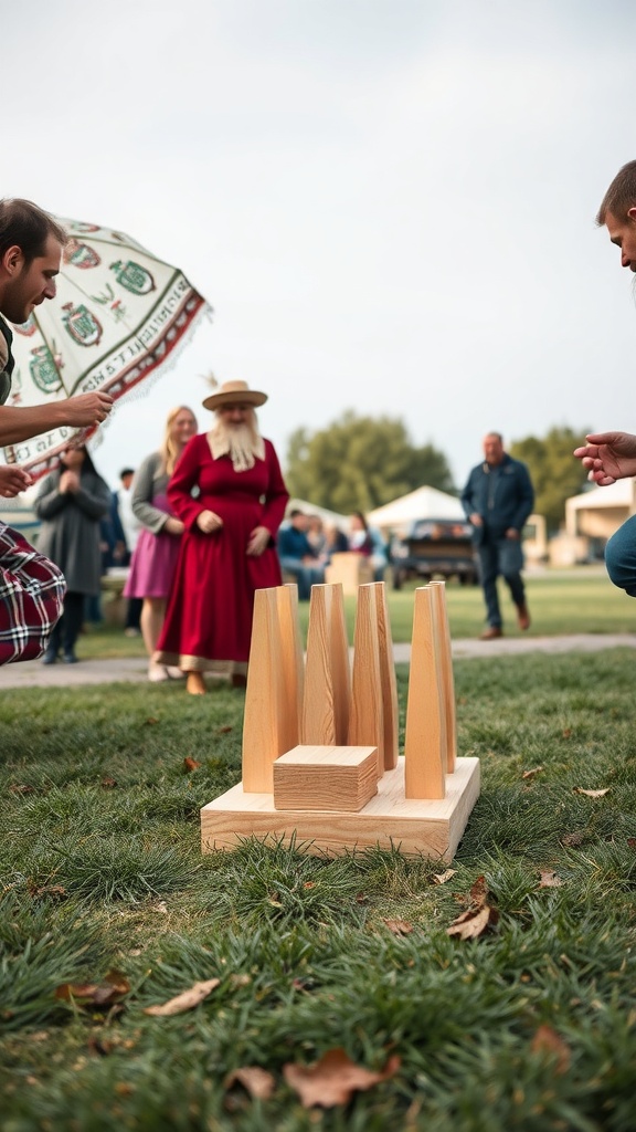 Players engaged in a game of Kubb with wooden pieces on the grass.