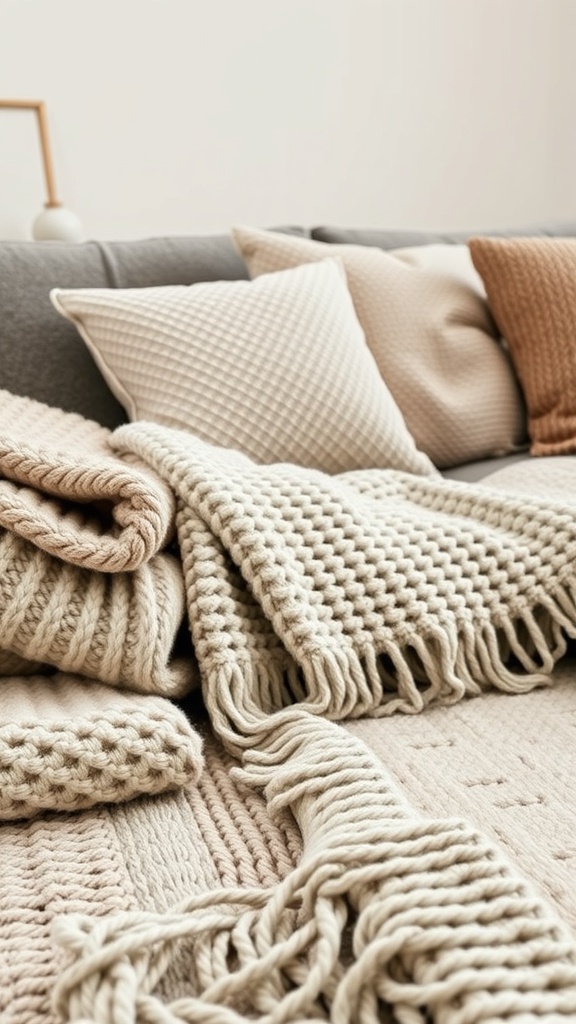 A cozy arrangement of knitted blankets and soft pillows in warm tones on a sofa.