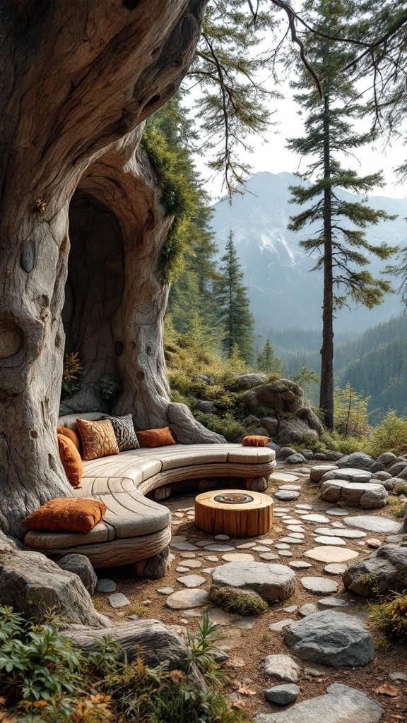 A cozy nature-inspired seating area made from a tree with cushions, surrounded by rocks and greenery.