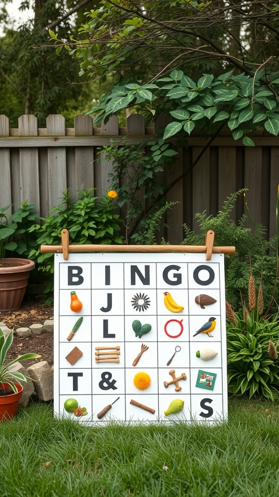 A colorful bingo board with nature-themed items displayed in a backyard setting.