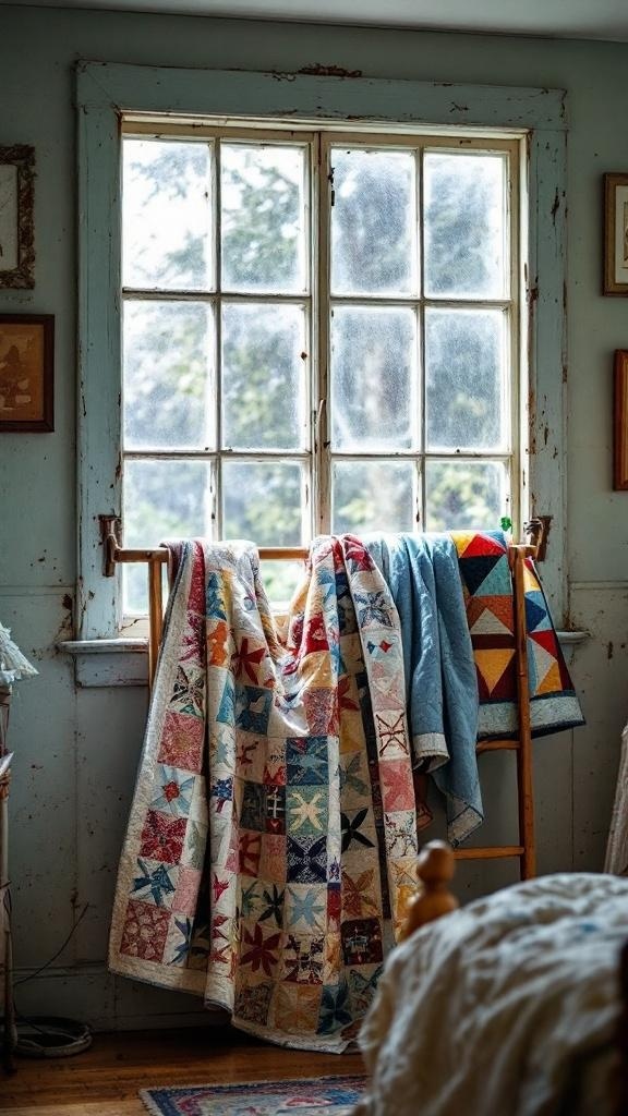 A vintage window frame holding colorful quilts, creating a cozy home decor display.