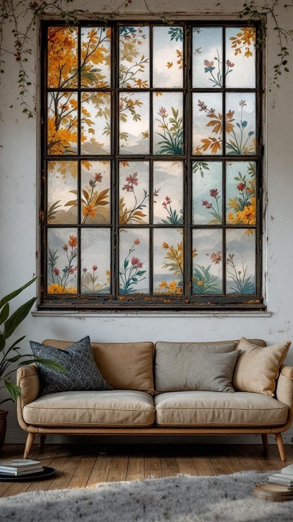 A vintage window frame with painted flowers, displayed above a cozy couch.