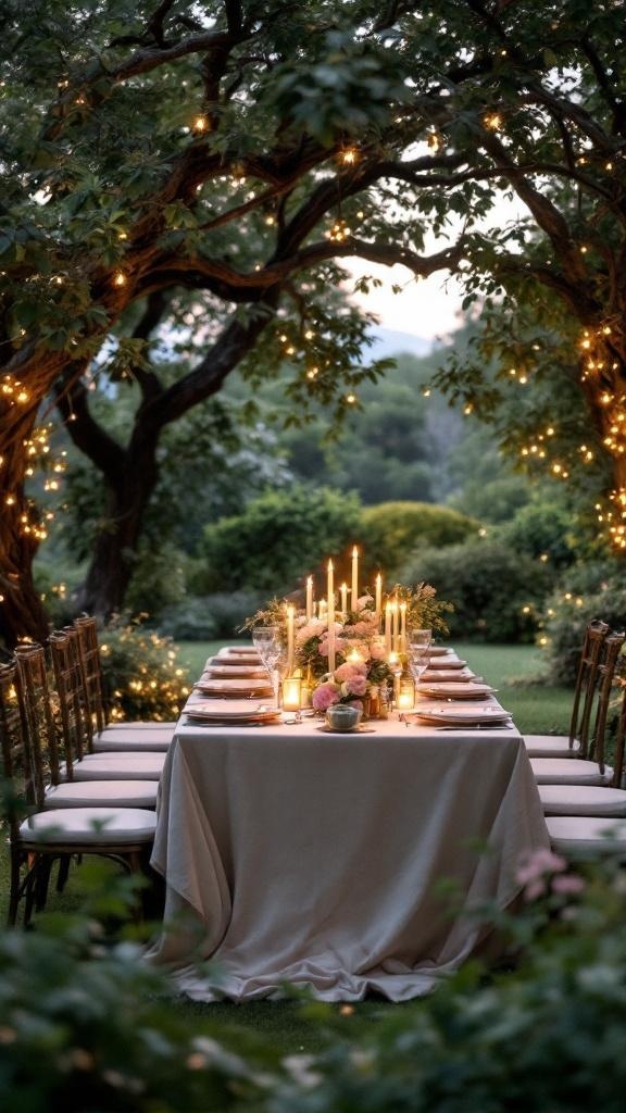 An outdoor dining setup with a long table, candles, and fairy lights, surrounded by greenery.