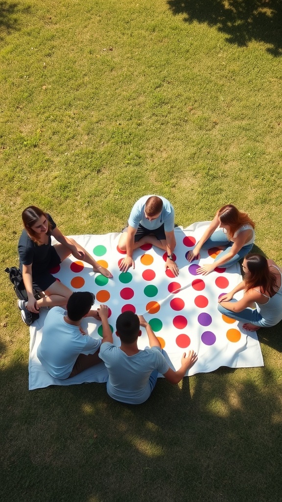 Group of friends playing Twister on a colorful mat in a backyard