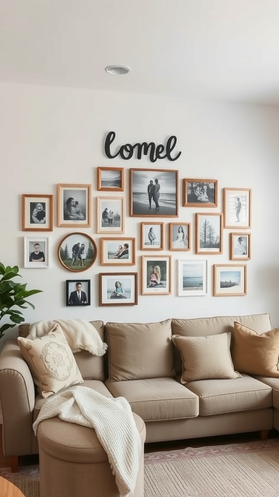 Cozy living room with a gallery wall of family photos and art.