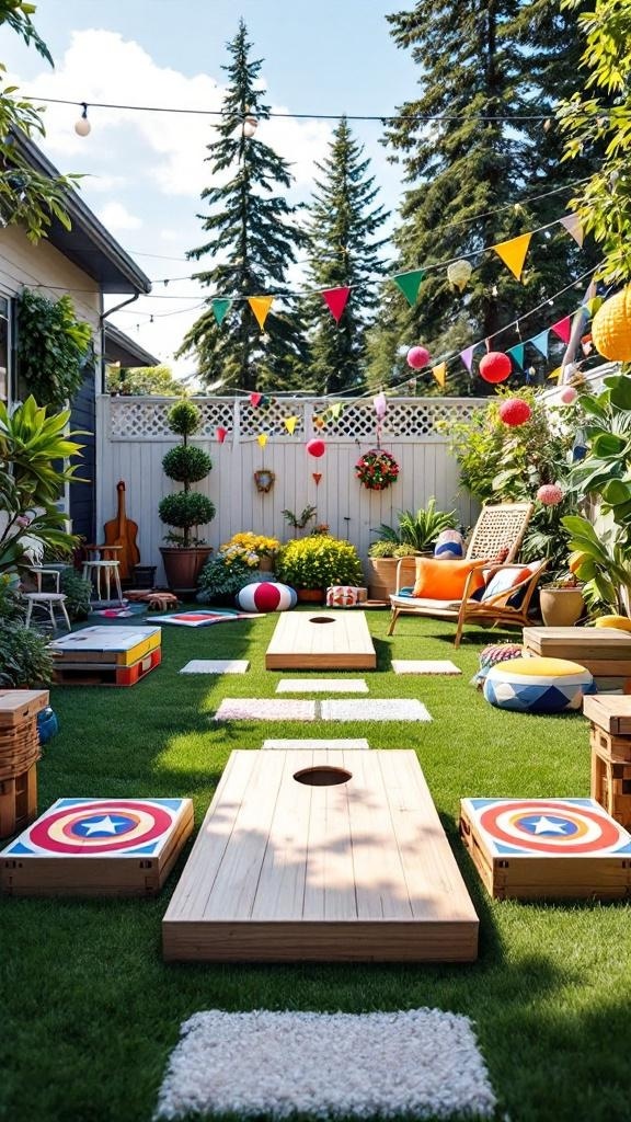 A colorful backyard game zone with cornhole boards, cushions, and festive decorations.