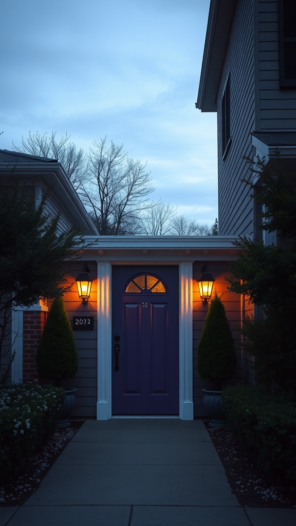 A purple door frame with yellow lighting illuminating the entrance of a house.