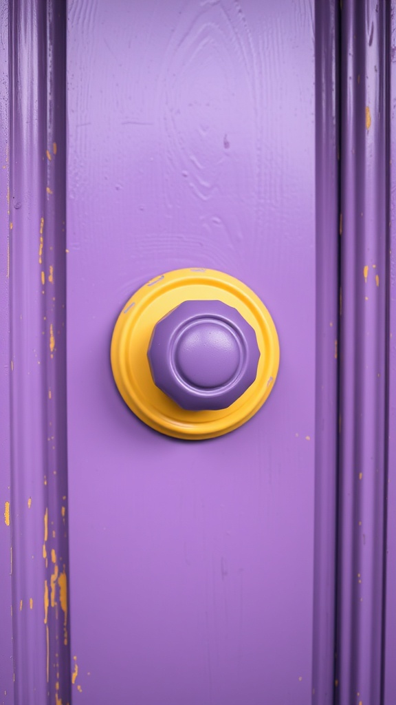 Purple door knob with yellow trim on a purple door.