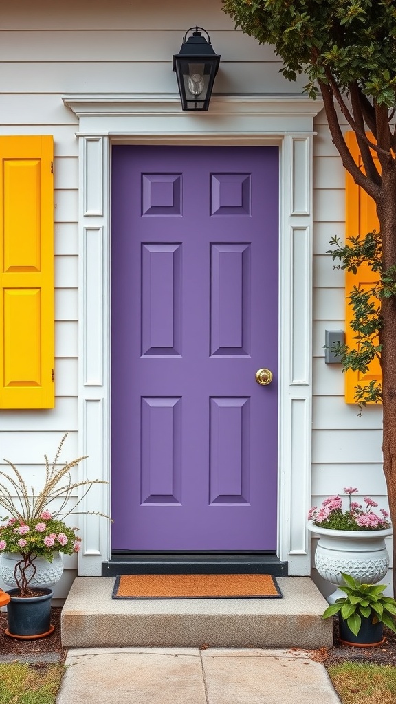 A purple front door with yellow shutters, surrounded by plants and a welcoming mat.