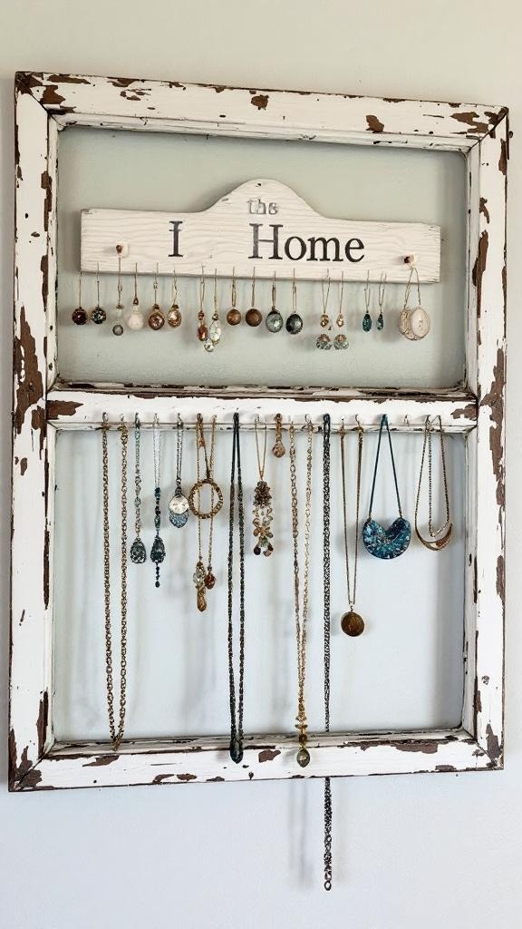 Vintage window frame repurposed as a jewelry organizer with necklaces and earrings hanging.