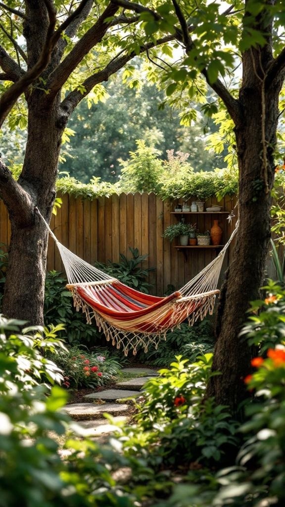 A cozy hammock strung between two trees in a lush backyard, surrounded by vibrant flowers and greenery.