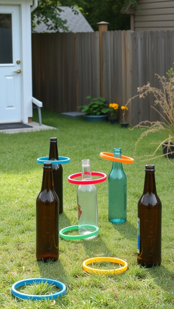 Colorful rings tossed onto bottles in a backyard game setup